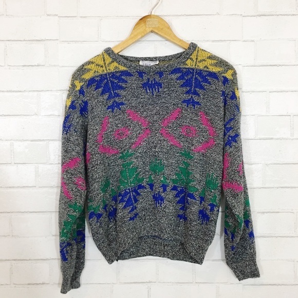 Vintage Sweaters - 80s Vintage Gray Multi Color Patterned Slouchy Cozy Patterned Sweater